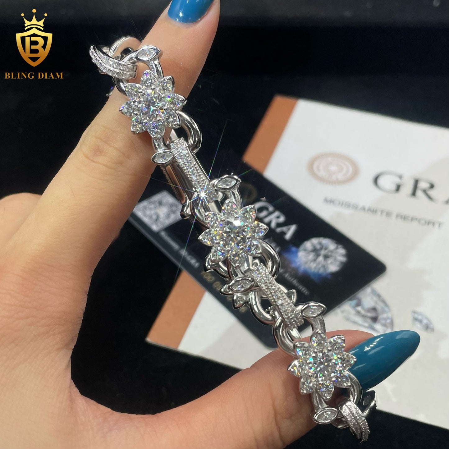 Flower Link Moissanite Cuban Bracelet