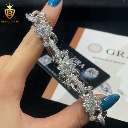 Flower Link Moissanite Cuban Bracelet