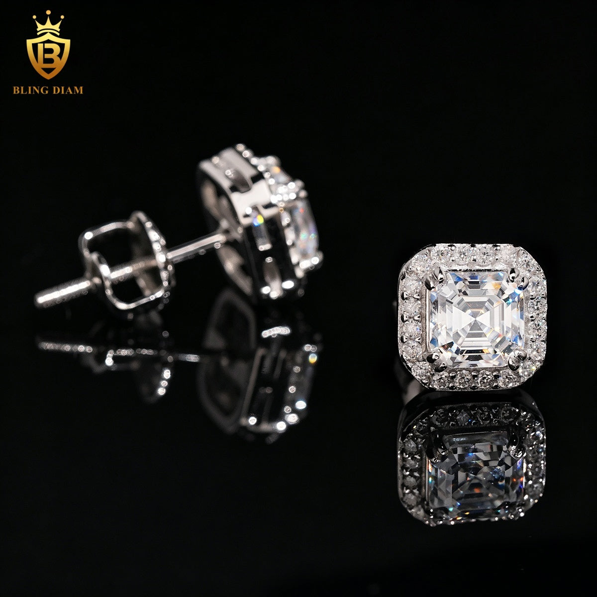Asscher-Cut Moissanite Halo Stud Earrings