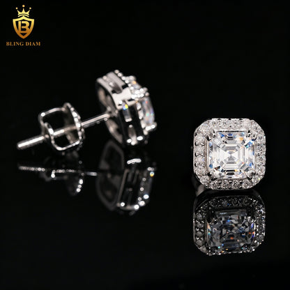 Asscher-Cut Moissanite Halo Stud Earrings