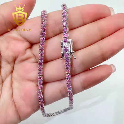 Pink Tennis Chain - 3mm Moissanite, Sterling Silver