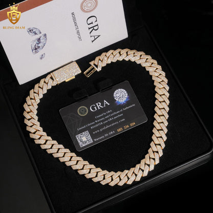 16mm Moissanite Solid 925 Silver Gold Plated Cuban Link Chain