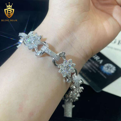 Flower Link Moissanite Cuban Bracelet