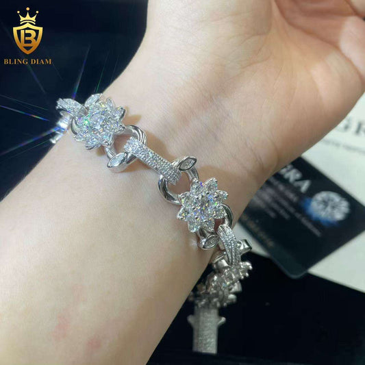Flower Link Moissanite Cuban Bracelet