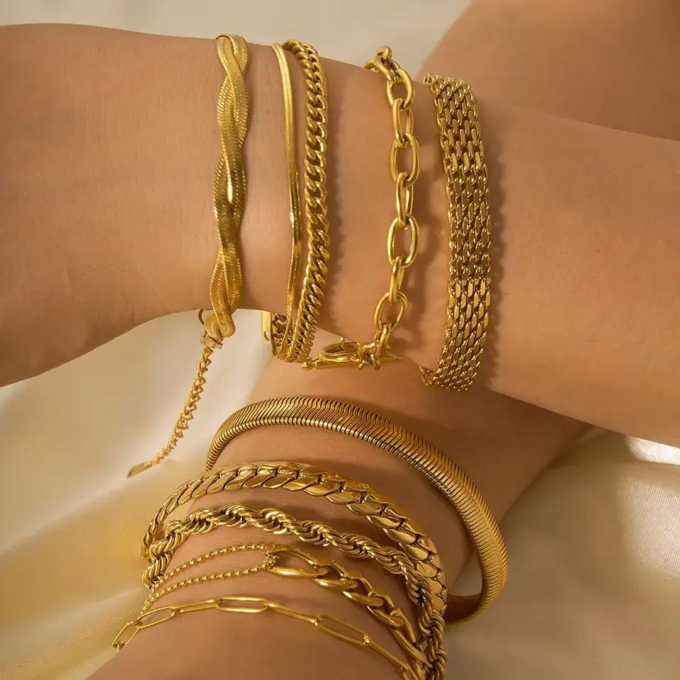 Double Layer Cuban Flat Snake Paperclip Chain Bangle Bracelet