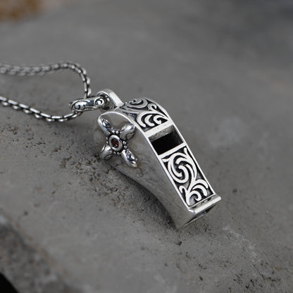 Carved Silver Whistle Necklace