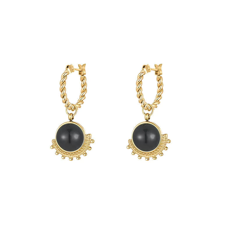 Natural Stone Drop Gold Hoop Earrings