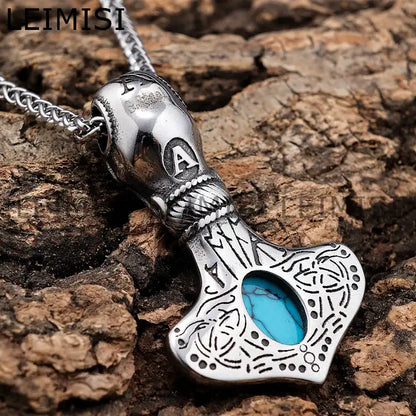 Viking Mjolnir Turquoise Stone Pendant Necklace — Stainless Steel