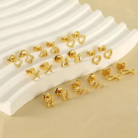Hollow Square Heart Clover Fish Airplane Cloud Stud Earrings