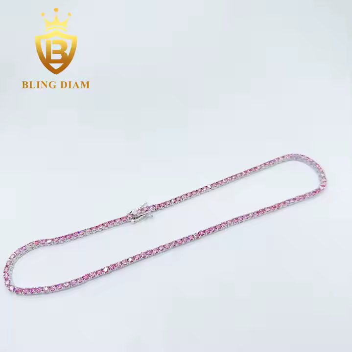 Pink Tennis Chain - 3mm Moissanite, Sterling Silver