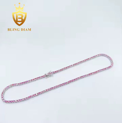 Pink Tennis Chain - 3mm Moissanite, Sterling Silver