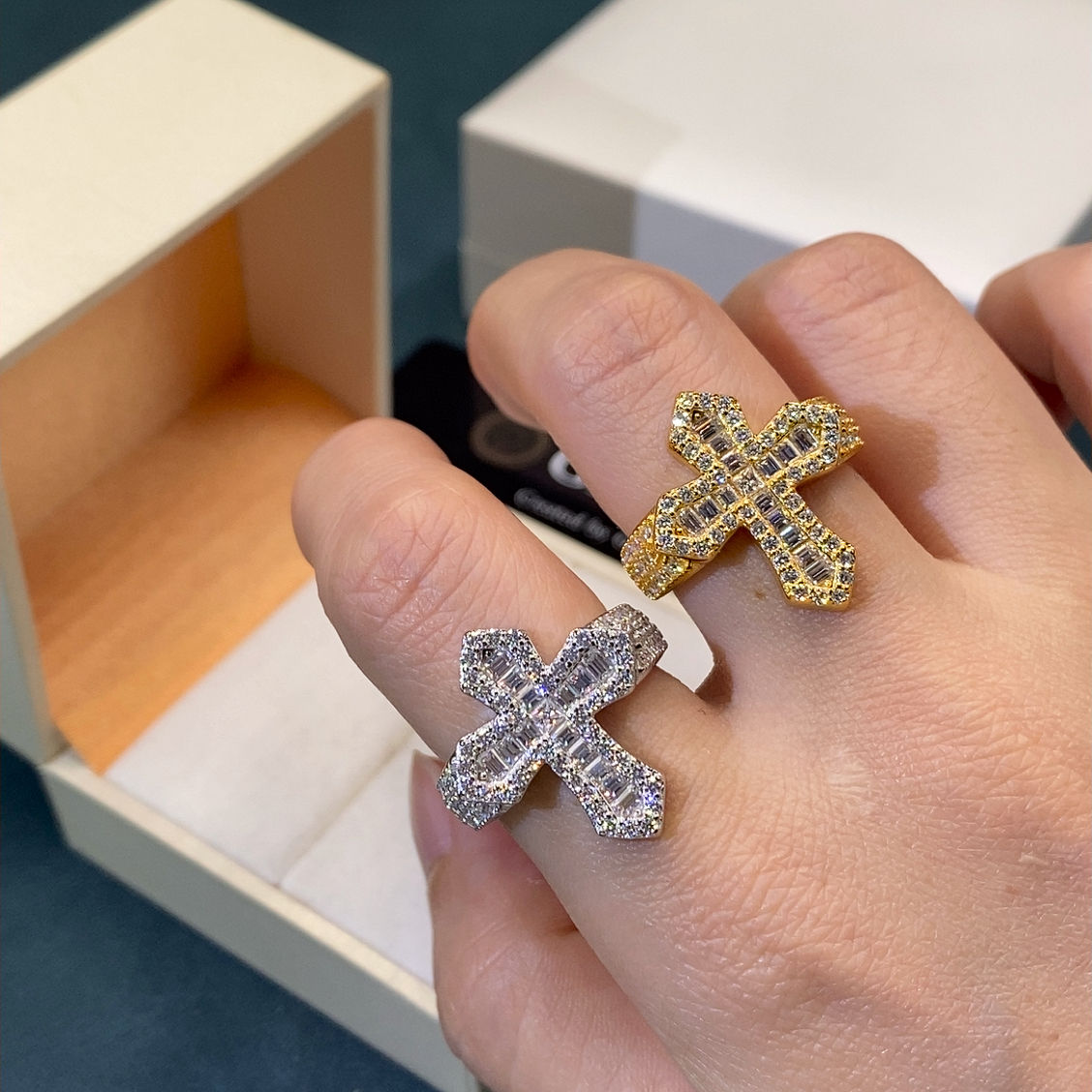 Cross-design baguette moissanite ring