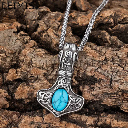 Viking Mjolnir Turquoise Stone Pendant Necklace — Stainless Steel