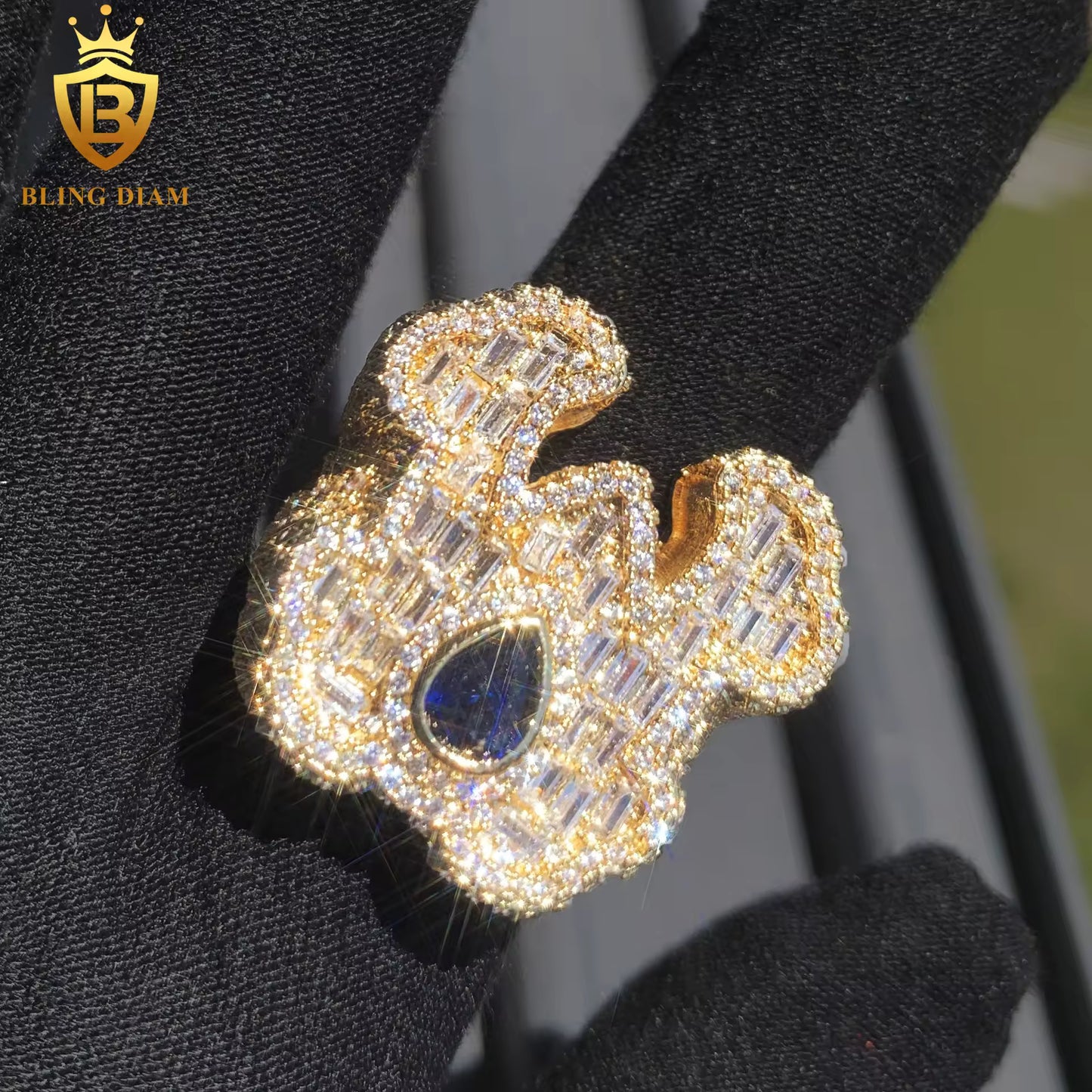 Baguette-cut iced-out moissanite ring