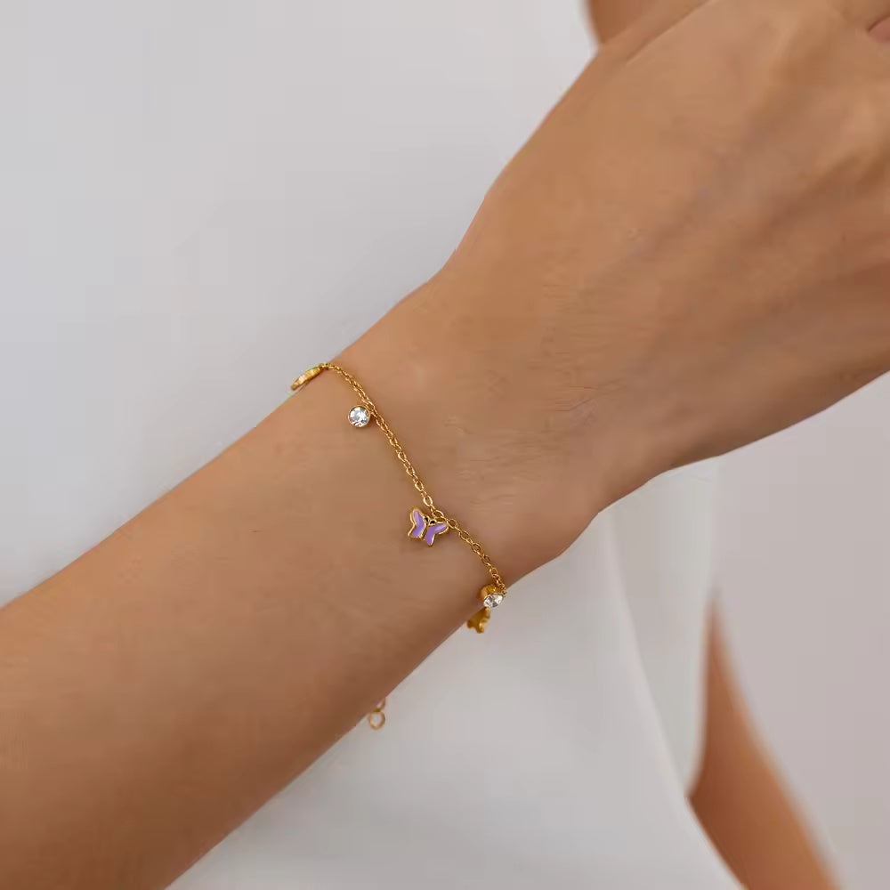 Cubic Zircon Enamel Purple Butterfly Charm Bracelet