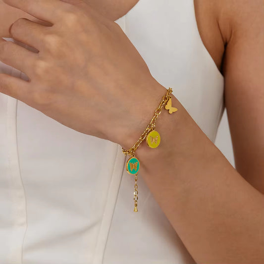 Colorful Enamel Round Butterfly Pendant Charms Bracelet