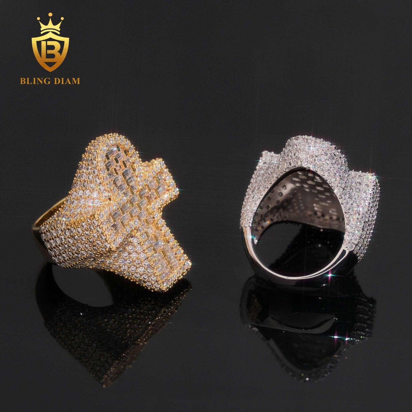 Cross design baguette-cut moissanite ring
