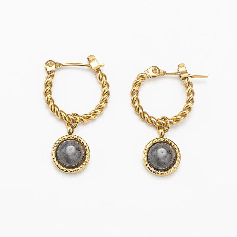 Natural Stone Drop Gold Hoop Earrings