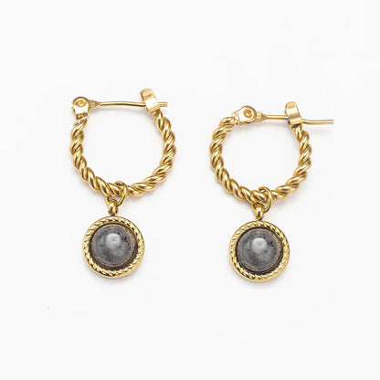 Natural Stone Drop Gold Hoop Earrings
