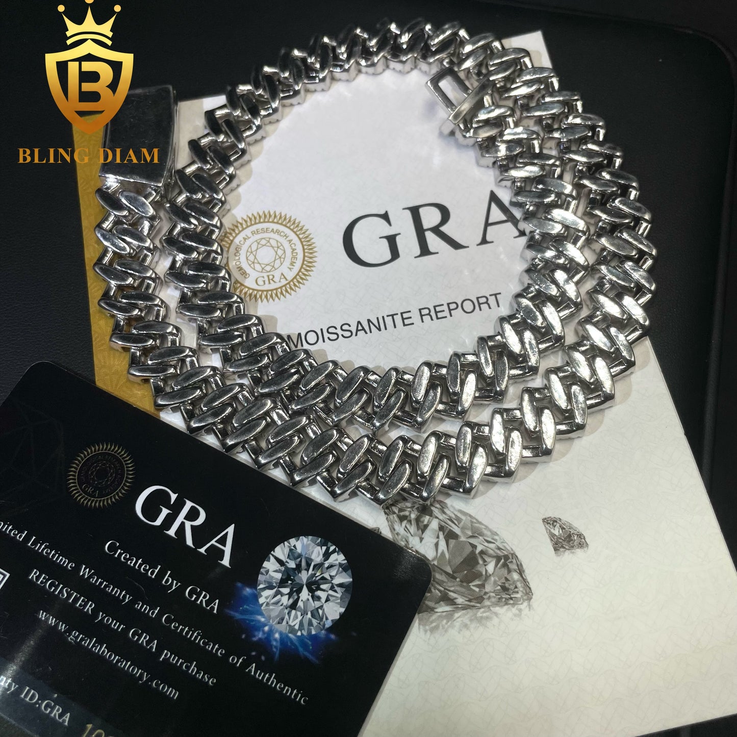 14MM Moissanite Cuban sterling silver vvs roound brilliant cut chain