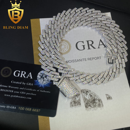 14MM Moissanite Cuban sterling silver vvs roound brilliant cut chain