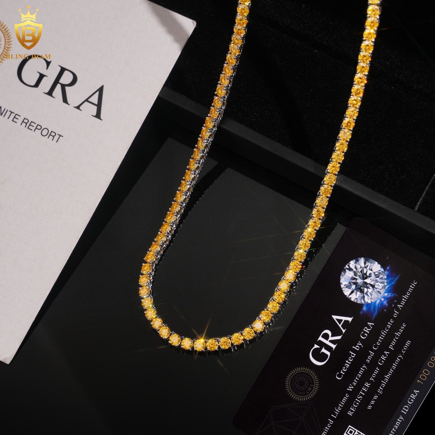 925 Sterling Silver 4mm Yellow Gold VVS Moissanite Tennis Chain