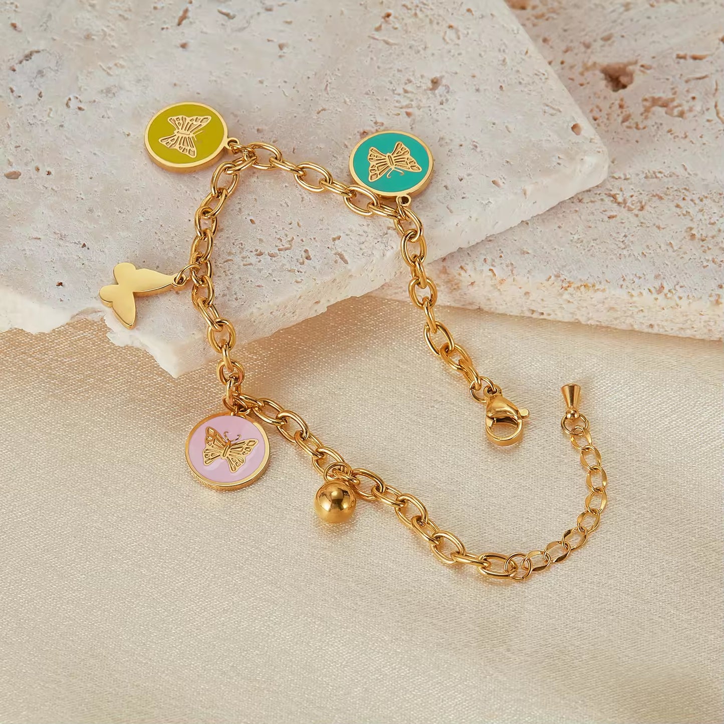 Colorful Enamel Round Butterfly Pendant Charms Bracelet