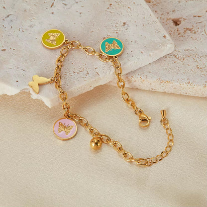 Colorful Enamel Round Butterfly Pendant Charms Bracelet
