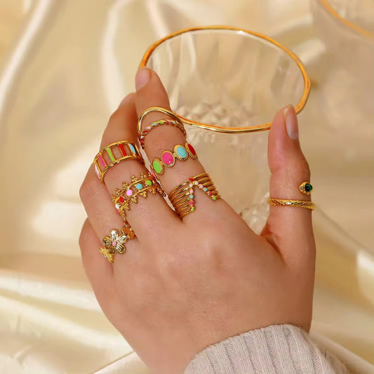 Gold Plated Geometric Colorful Enamel Knuckle Snake Finger Rings