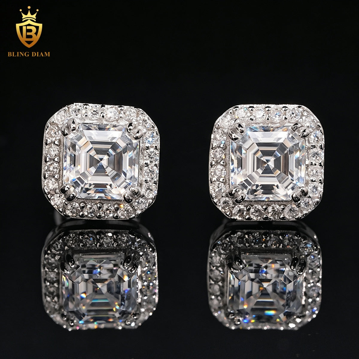 Asscher-Cut Moissanite Halo Stud Earrings