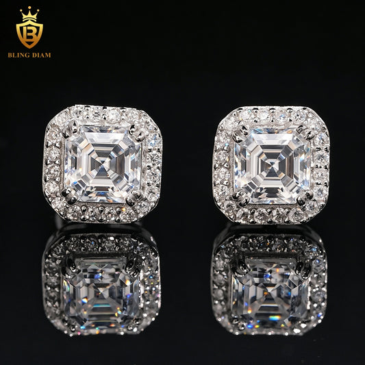 Asscher-Cut Moissanite Halo Stud Earrings