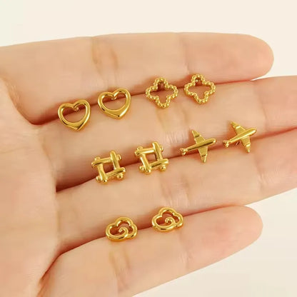 Hollow Square Heart Clover Fish Airplane Cloud Stud Earrings
