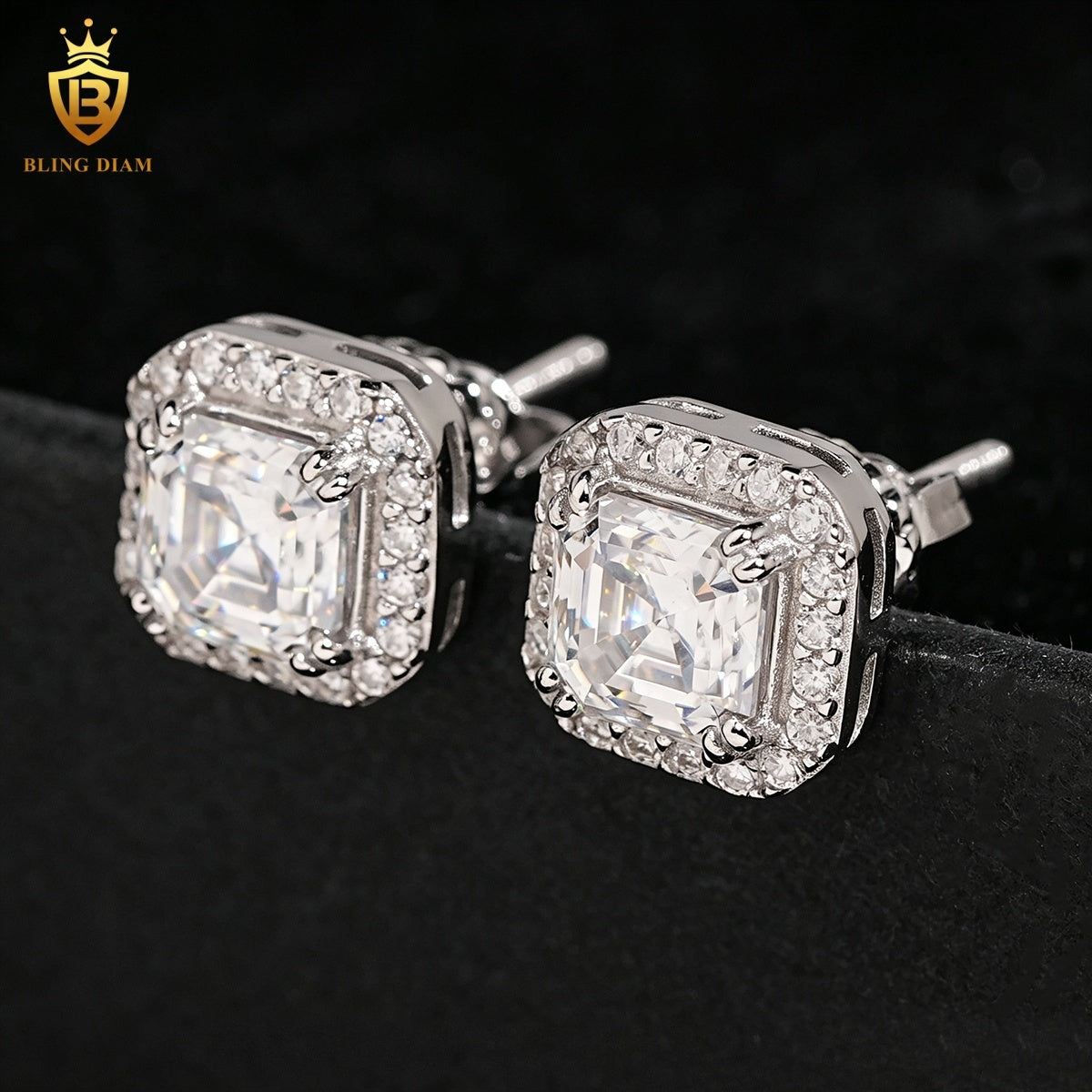 Asscher-Cut Moissanite Halo Stud Earrings