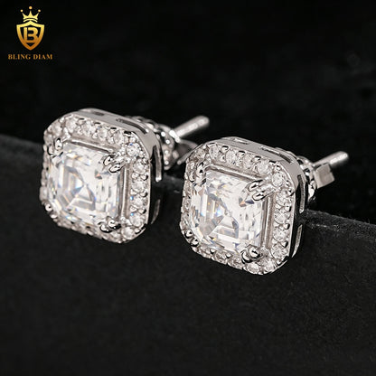 Asscher-Cut Moissanite Halo Stud Earrings