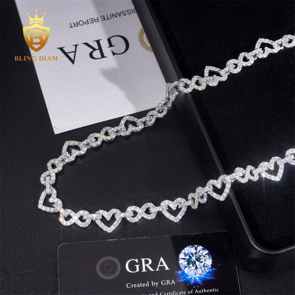 925 Silver 8.5MM Moissanite Heart Mixed Infinity Cuban Link Chain