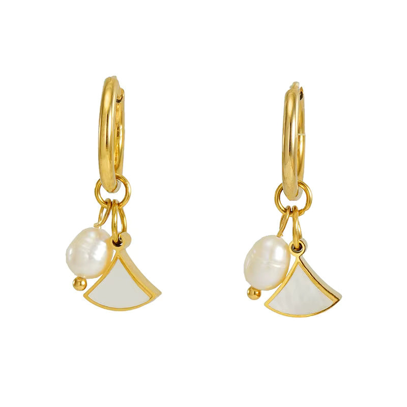 Pearl Shell Drop Dangle Huggie Hoop Earrings