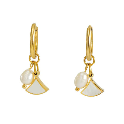 Pearl Shell Drop Dangle Huggie Hoop Earrings