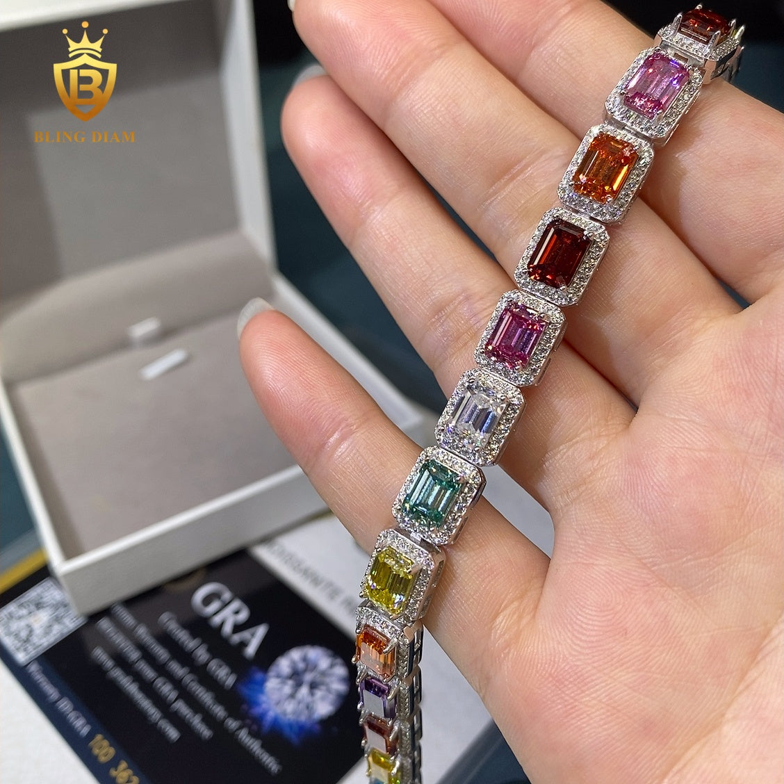 Colorful Emerald Cut Moissanite Tennis Bracelet