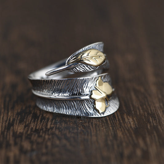 Gold Butterfly Silver Feather ring