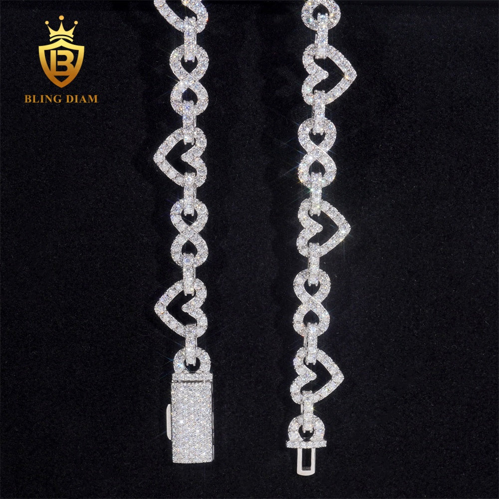 925 Silver 8.5MM Moissanite Heart Mixed Infinity Cuban Link Chain