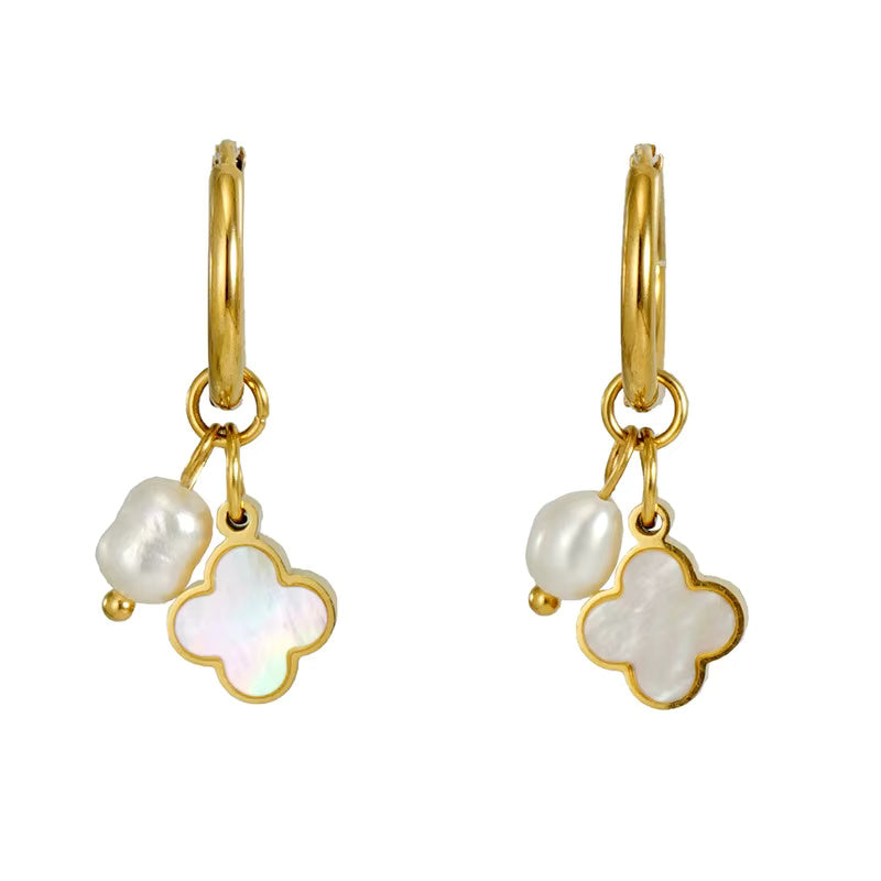 Pearl Shell Drop Dangle Huggie Hoop Earrings