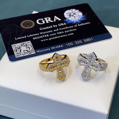 Cross-design baguette moissanite ring