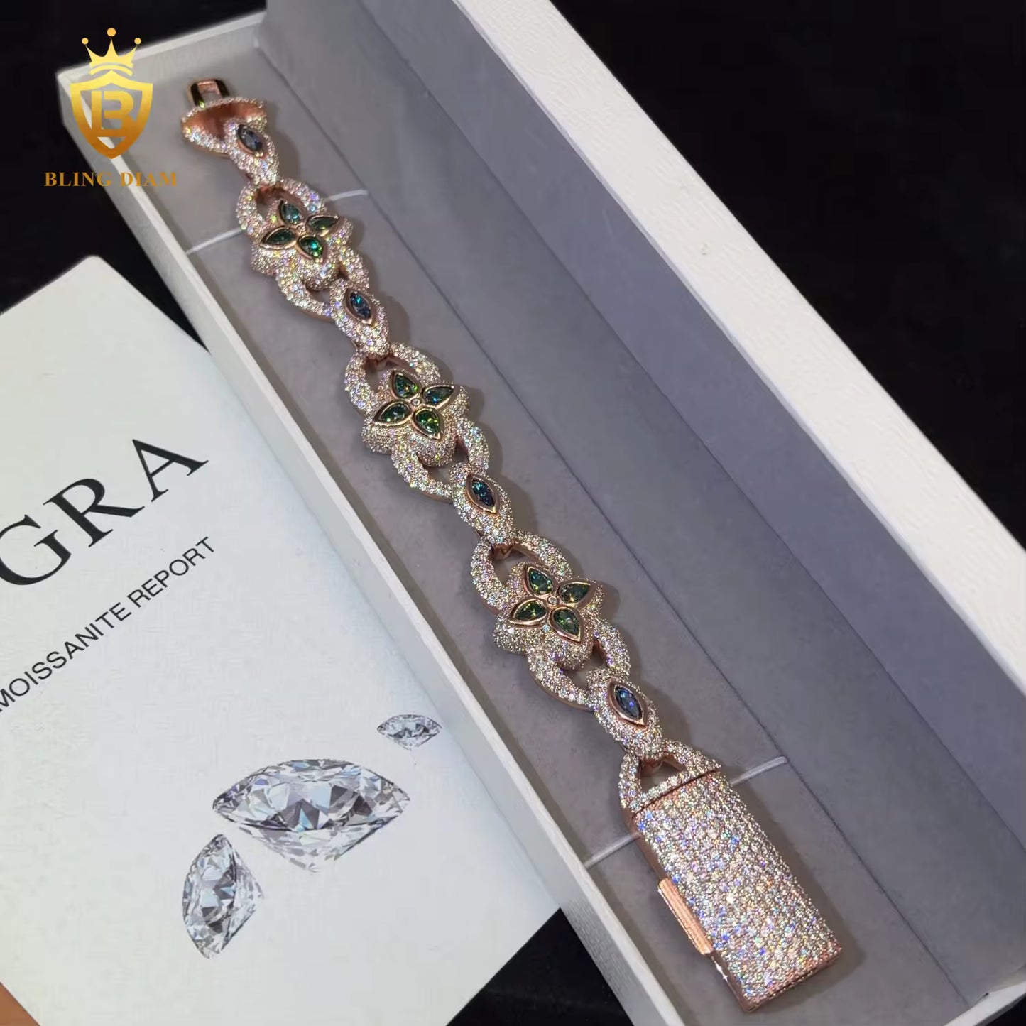 Rose Gold Clover Moissanite Cuban Bracelet