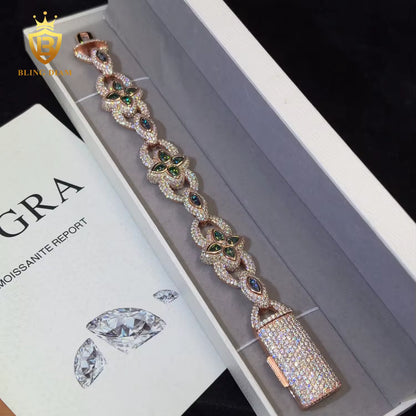 Rose Gold Clover Moissanite Cuban Bracelet