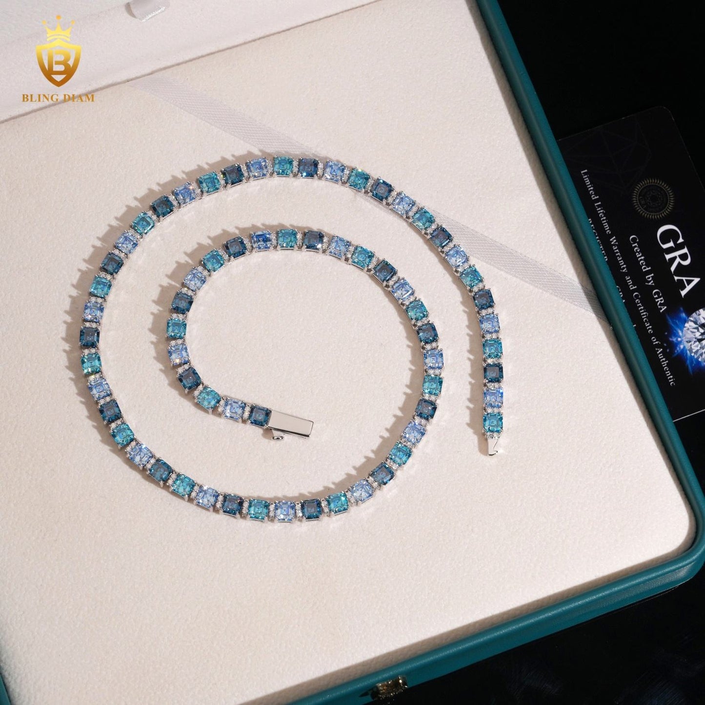 Blue Asscher Cut Moissanite 925 Sterling Silver Tennis Chain