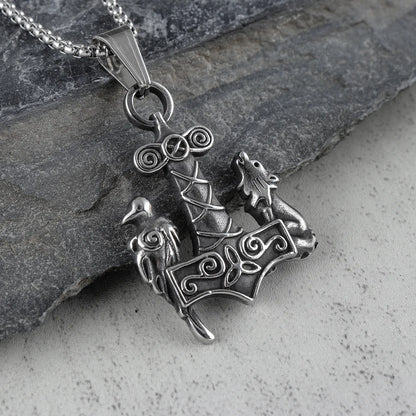Mjolnir Thor's Hammer Odin Hugninn Munin Raven Fenrir Wolf Necklace