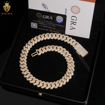 16mm Moissanite Solid 925 Silver Gold Plated Cuban Link Chain