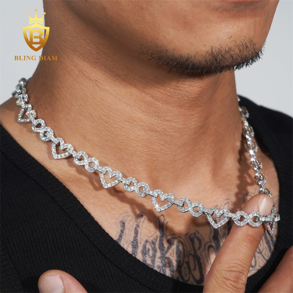 925 Silver 8.5MM Moissanite Heart Mixed Infinity Cuban Link Chain