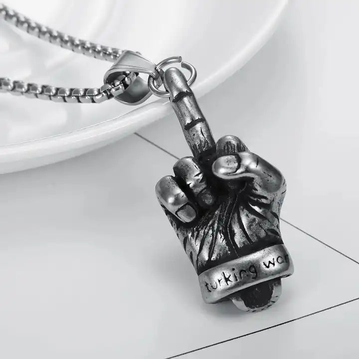 middle finger statement death skull Necklace