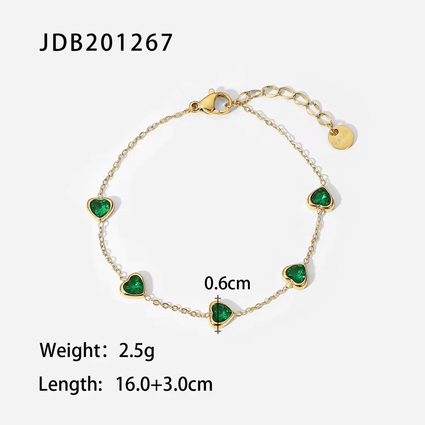 Green Cubic Zircon Heart Figaro Snake Chain Bracelet
